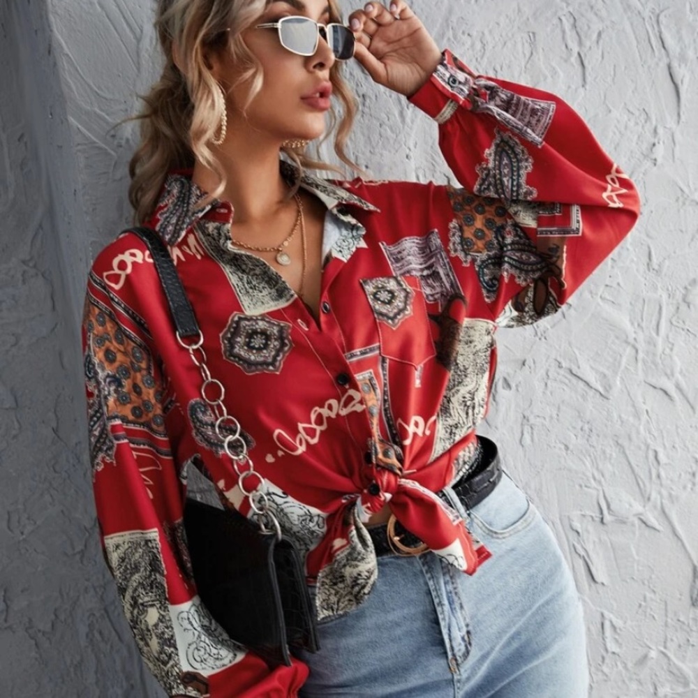 Bishop sleeve scarf print blouse